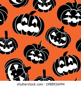  Seamless pattern of black pumpkins on an orange background. Halloween pattern.Vector illustration.Design for paper products, textiles, printing, banners. Vector illustration. Vector illustration