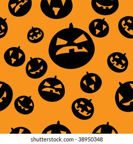 Seamless pattern with black pumpkins on orange background. Vector illustration.