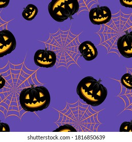 Patrón sin foco con calabazas negras y telarañas psider sobre fondo morado. Papel de regalo, textiles, prendas de vestir, redes sociales, papel pintado, estampados, decoración festiva