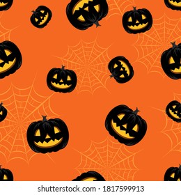 Patrón sin inconvenientes con calabazas negras y telarañas psider sobre fondo naranja. Papel de regalo, textiles, prendas de vestir, redes sociales, papel pintado, estampados, decoración festiva
