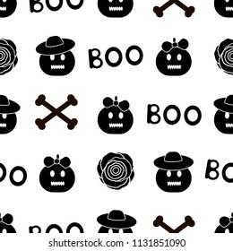 Seamless pattern with black pumpkins, words Boo and bones on the white background. Vector illustration