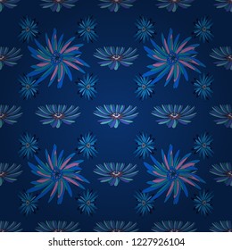 Seamless pattern with a black, purple and blue bright summer floral print, flowers, foliage. Vector illustration.