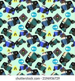 Seamless pattern of black, queen blue, myrtle green, ultramarine blue color auto rickshaw with Davys grey color traffic light pole and sign board on aero blue background. textile design, wallpaper.