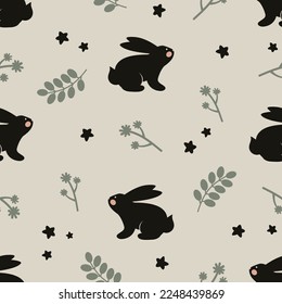 Seamless pattern with black rabbits on a light background. Vector illustration. Pattern for textiles