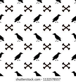 Seamless pattern with black ravens and bones on the white background . Vector illustration