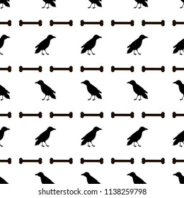 Seamless pattern with black ravens and bones on the white background . Vector illustration
