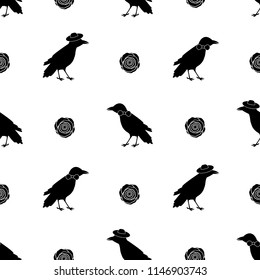 Seamless pattern with black ravens and flowers on the white background . Vector illustration
