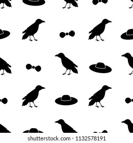 Seamless pattern with black ravens, tie and hats on the white background . Vector illustration