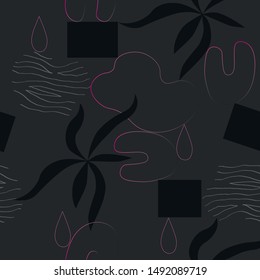 Seamless pattern. Black rectangles, lines, abstractions and flowers silhouettes. It can be used on fabric, covers, card design.