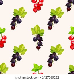 Seamless pattern with black and red currant berries on a bright background.