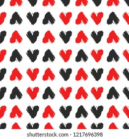 Seamless pattern with black and red hand drawn hearts