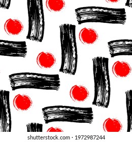 Seamless pattern with black and red hand-drawn shapes isolated on white background. Abstract ink brush strokes vector backdrop. 