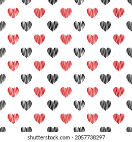nahtloses Muster. schwarz-rotes Herz Muster Tapete Liebe. für Karten, Wickelpapier, Hochzeitssymbole usw. Hintergrund des weißen Valentinstag, Vektorgrafik.