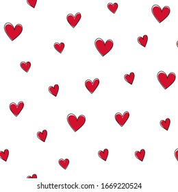 Seamless pattern of black and red hearts. Abstract hand drawn hearts isolated on white background. Stylish texture for fabric, textile, wallpaper, wrapping. Vector illustration