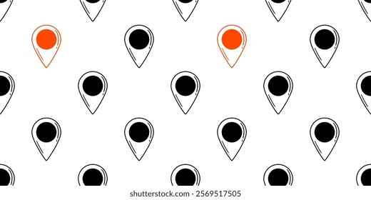 Seamless pattern of black and red location pins on white background. Hand-drawn doodle style. Map navigation concept for design and print