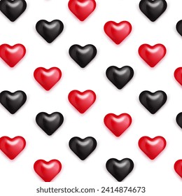 Seamless pattern black and red realistic hearts. Vector illustration of dark and red hearts shaped. Ideal for luxury, romantic, and love design.