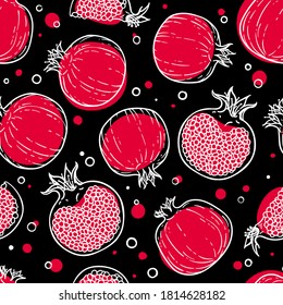 Seamless pattern of Black, red, white pomegranates. Healthy vegetarian food. Cartoon comics doodle style with contour. Decoration for greeting cards, posters, patches, prints for clothes, emblems