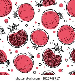 Seamless pattern of Black, red, white pomegranates. Healthy vegetarian food. Cartoon comics doodle style with contour. Decoration for greeting cards, posters, patches, prints for clothes, emblems