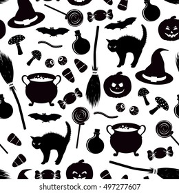 Seamless pattern with black related halloween holiday object silhouettes on white background. Traditional witches attributes. Scrapbook digital paper, textile print, page fill. Vector illustration