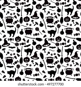 Seamless pattern with black related halloween holiday object silhouettes on white background. Traditional witches attributes. Scrapbook digital paper, textile print, page fill. Vector illustration