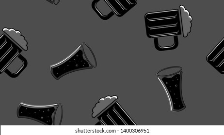 Seamless pattern of black repetitive alcoholic beer glasses glass with beer frothy hoppy malt craft lager on a black and white background for St. Patrick's Day. Vector illustration