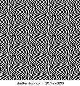 Seamless pattern of black resonating zigzag stripes. Repeatable optical art texture. Psychedelic abstract wallpaper.