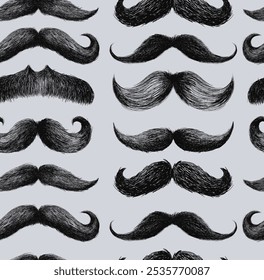 Seamless pattern with black retro mustache for design fabric, backgrounds, holidays, package, wrapping paper, covers, fashion. Vintage Style Moustaches Seamless Pattern. Hand drawn vector mustache.