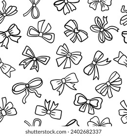 Seamless pattern with black ribbon bows in doodle style isolated on white background. It can be used for fabric, wrapping paper, wallpaper. 