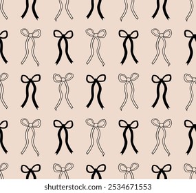 Seamless pattern with black ribbons. Vector background with bows in retro style. Coquette and ballet core. Holiday valentines day clipart