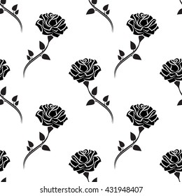 Seamless pattern of black rose with leaves. Pattern of silhouette flowers. Vector illustration