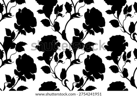 Seamless pattern with black rose silhouettes, elegant floral background, botanical vector illustration for textile, wallpaper, wrapping paper. Rose flower silhouette seamless background, repeatable black floral pattern, elegant nature design for invitations and web backdrop