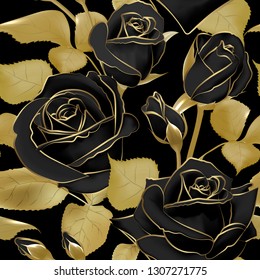 Seamless pattern with black roses and golden leaf on a black background. Vector illustration.