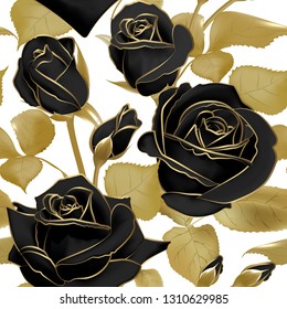 Seamless pattern with black roses and golden leaf on a white background. Vector illustration.