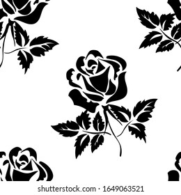 Seamless pattern. Black roses with leaves on a white background. Ideal for wallpaper, banner, background, for fabric. Floral pattern.