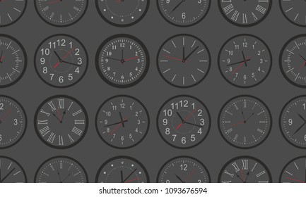 Seamless pattern with black Round wall clock. flat style. isolated on black background