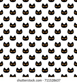 Seamless pattern with black scary Halloween Cat face with orange eyes. Background, design for fabric and decor