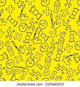 Seamless pattern of black school doodles on a yellow background. For design poster, flyer, banner, textile, packaging. 