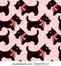 Seamless pattern of black scottish terriers with red scarfs on pink background. 