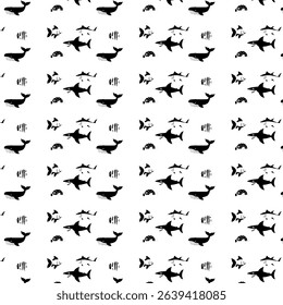 Seamless pattern of black sea animals on white background. Includes sharks, whales, tropical fish, and turtles. Perfect for ocean-themed fabric, wallpaper, or wrapping