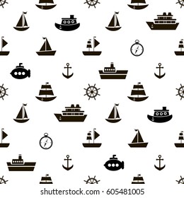 Seamless pattern with black sea transport icons