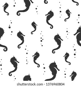 Seamless pattern with black sea-horse or hippocampus  on white background. Marine seahorse simple texture. Vector illustration. Ocean ornament.