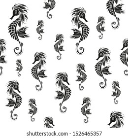 Seamless pattern. Black seahorse on white backround. Vector illustration.