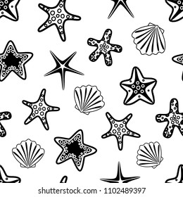 Seamless pattern with black seashells and starfishes. Underwater background. Vector illustration.