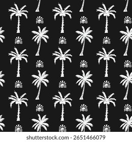 Seamless pattern of black shape south african trees. Palms with coconuts in simple style. Tropical, beach tree for jungle decoration, bounty coast. Vector background in flat style for fabric.
