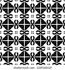 Seamless pattern of black shapes on white background.