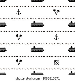 Seamless pattern with black ships, anchors, palm trees and wheels. Vector illustration