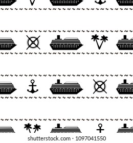 Seamless pattern with black ships, anchors, palm trees and wheels. Vector illustration