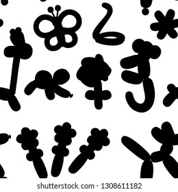 Seamless pattern. Black silhouette. Animal and flower balloons. Vector balloon animals for happy kids party. Cartoon vector collection icon. Illustration isolated on white background.