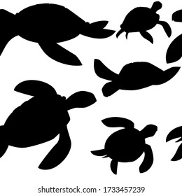 Seamless pattern black silhouette of big sea turtle cartoon cute animal design ocean tortoise swimming in water flat vector illustration on white background