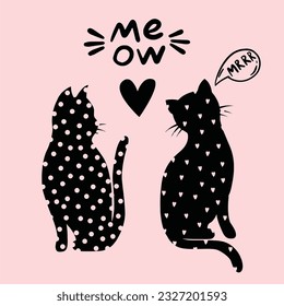 Seamless pattern with black silhouette cats, and hearts. Cute texture background. Wallpaper for girls. Fashion style